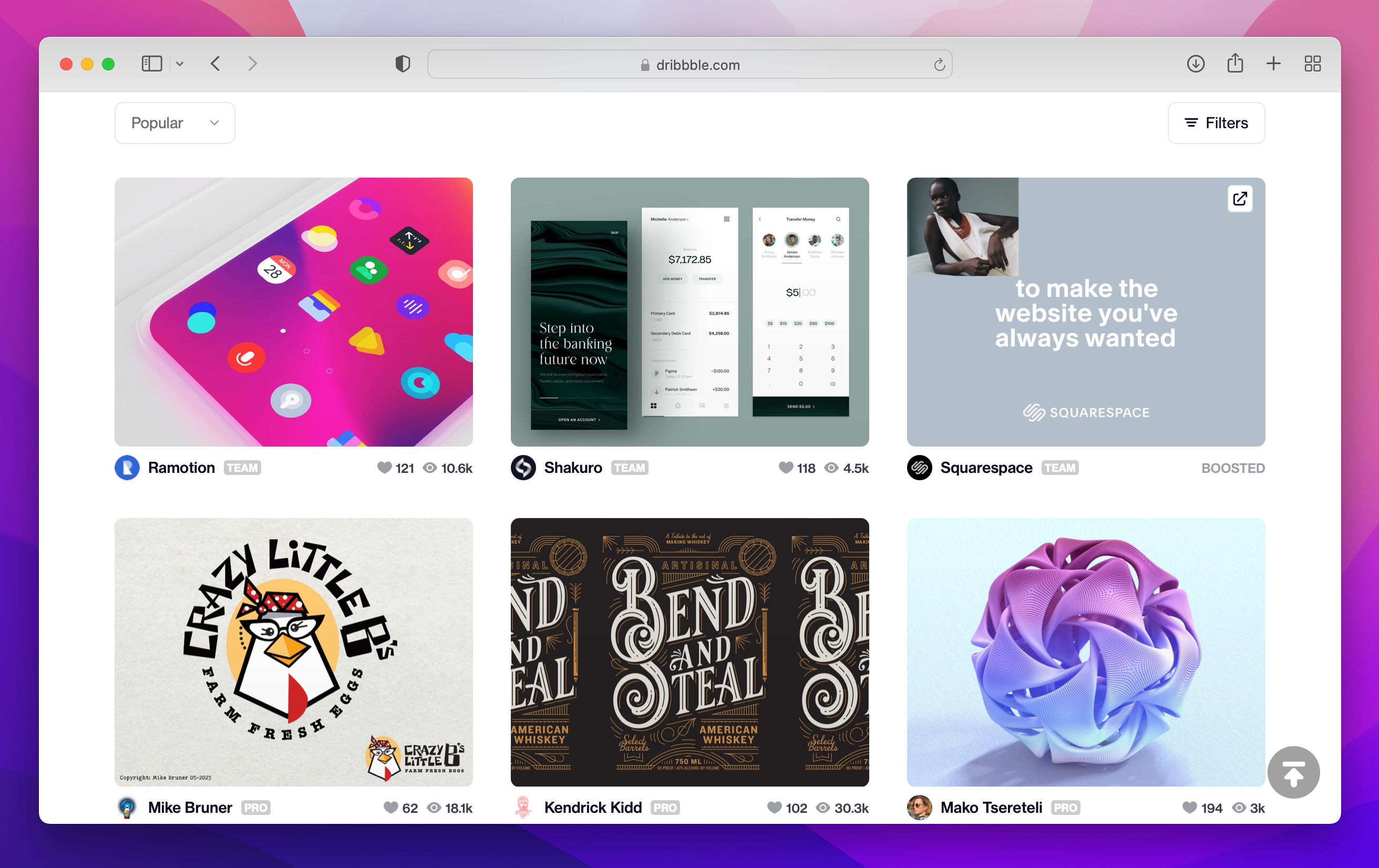 Dribble's homepage selection of popular design projects