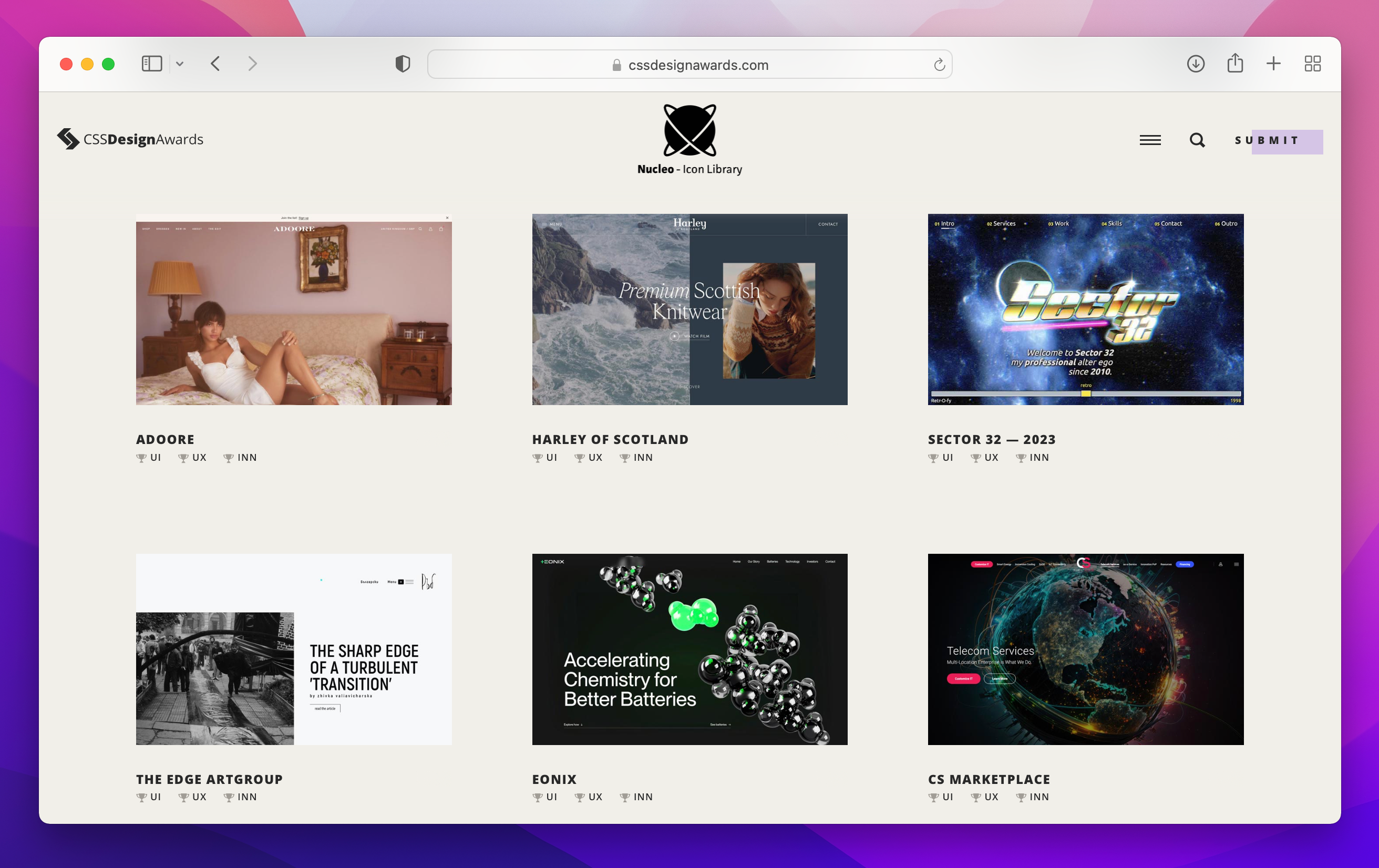 Selection of websites on CSS Design Award's homepage