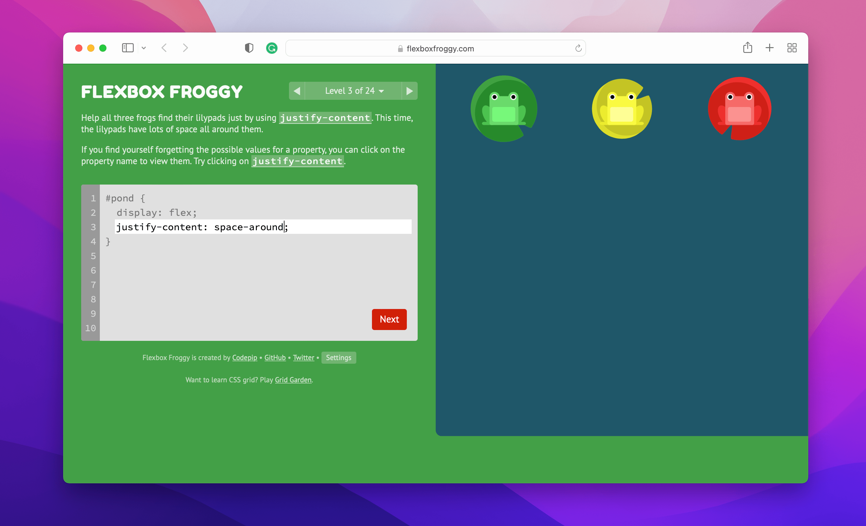 Flexbox Froggy game interface