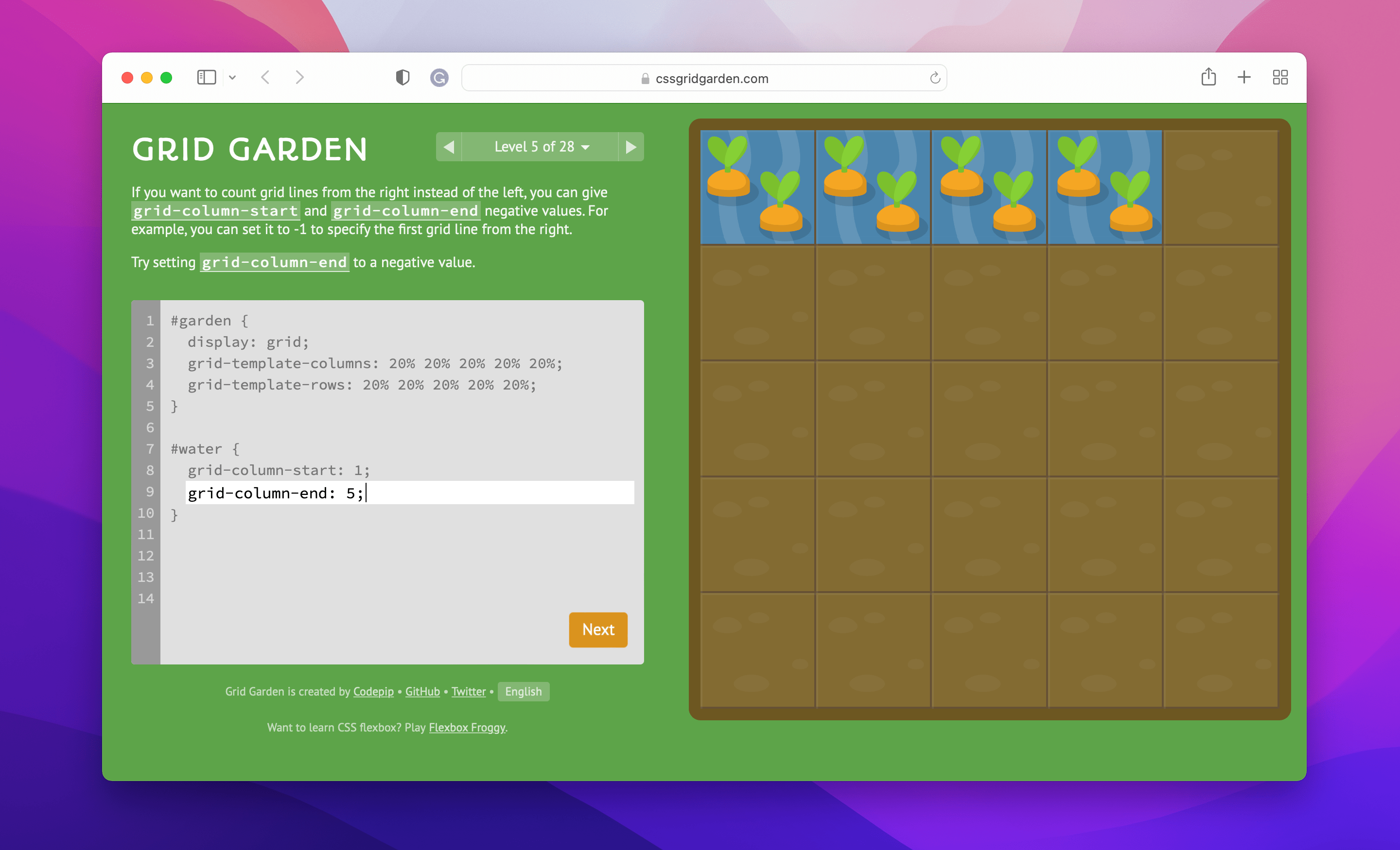 CSS Grid Garden game interface