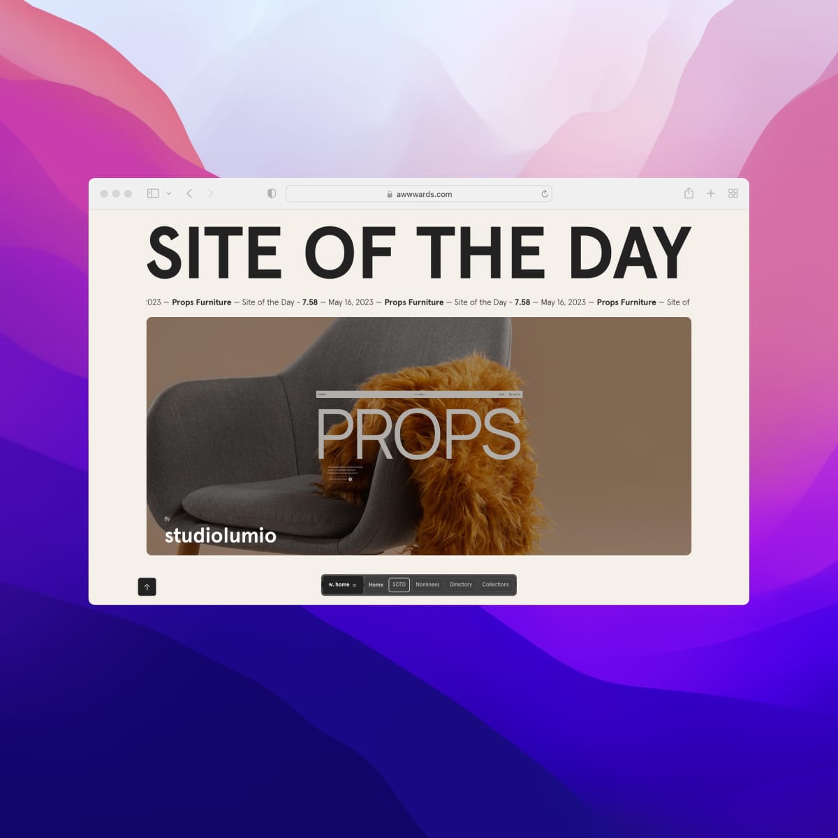 awwwards website homepage featuring a headline titled site of the day and image of a shoe on purple background