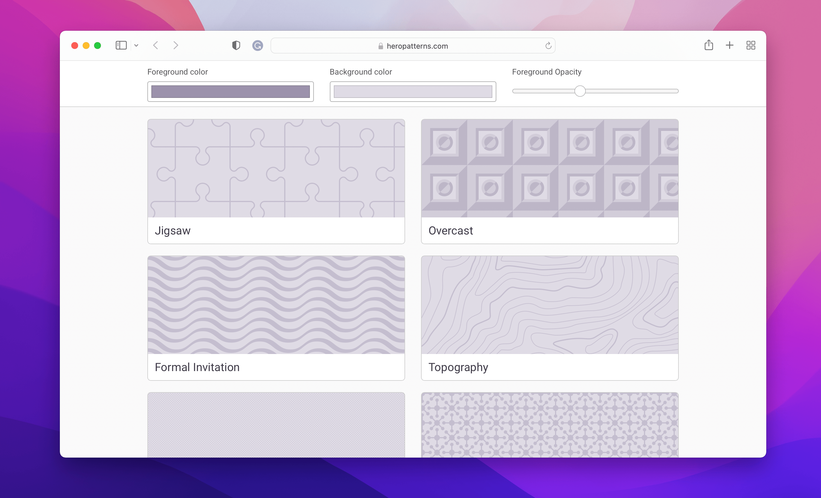 a screenshot of Hero Patterns svg background web page