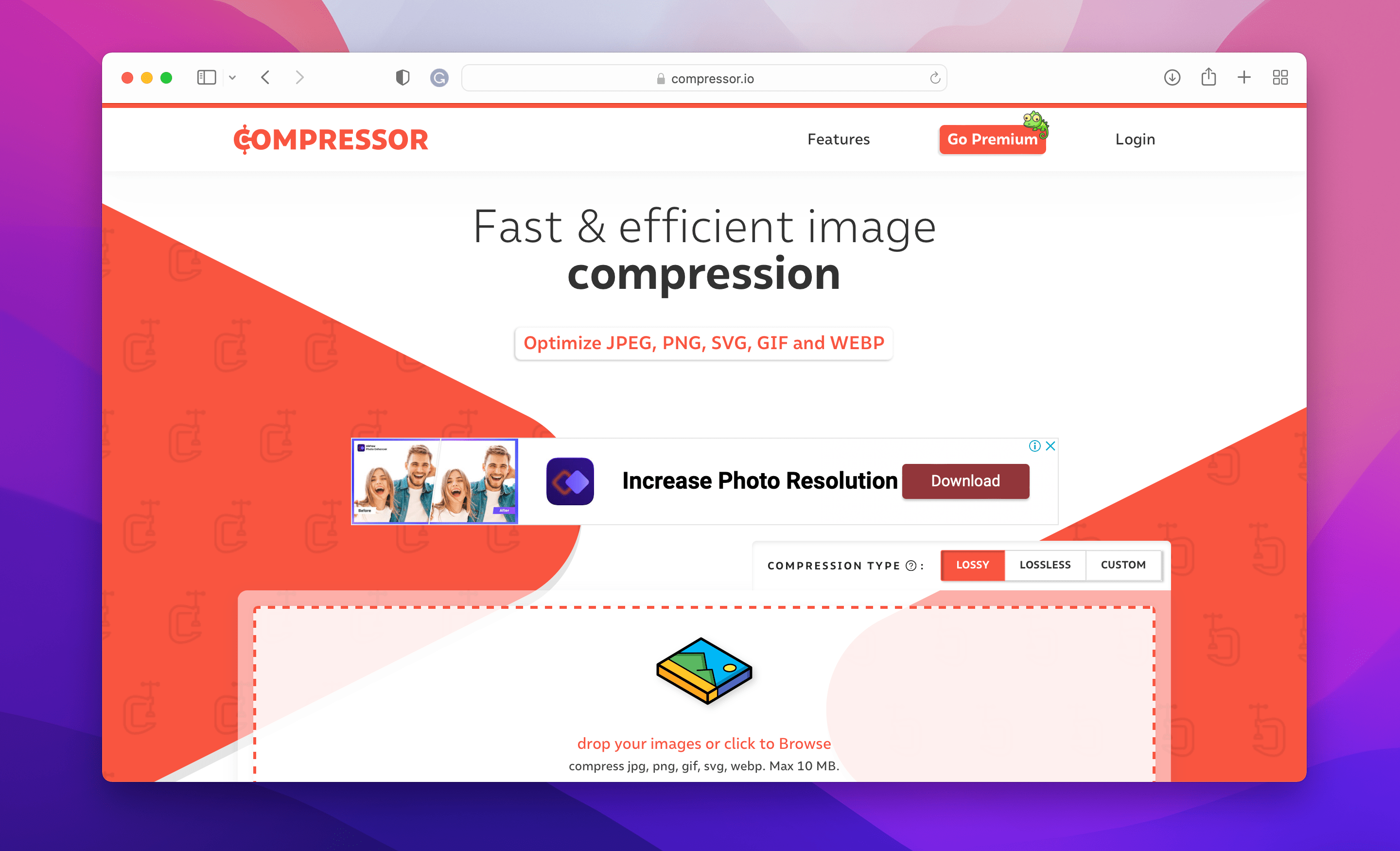 a screenshot of Compressor.io image optimization tool