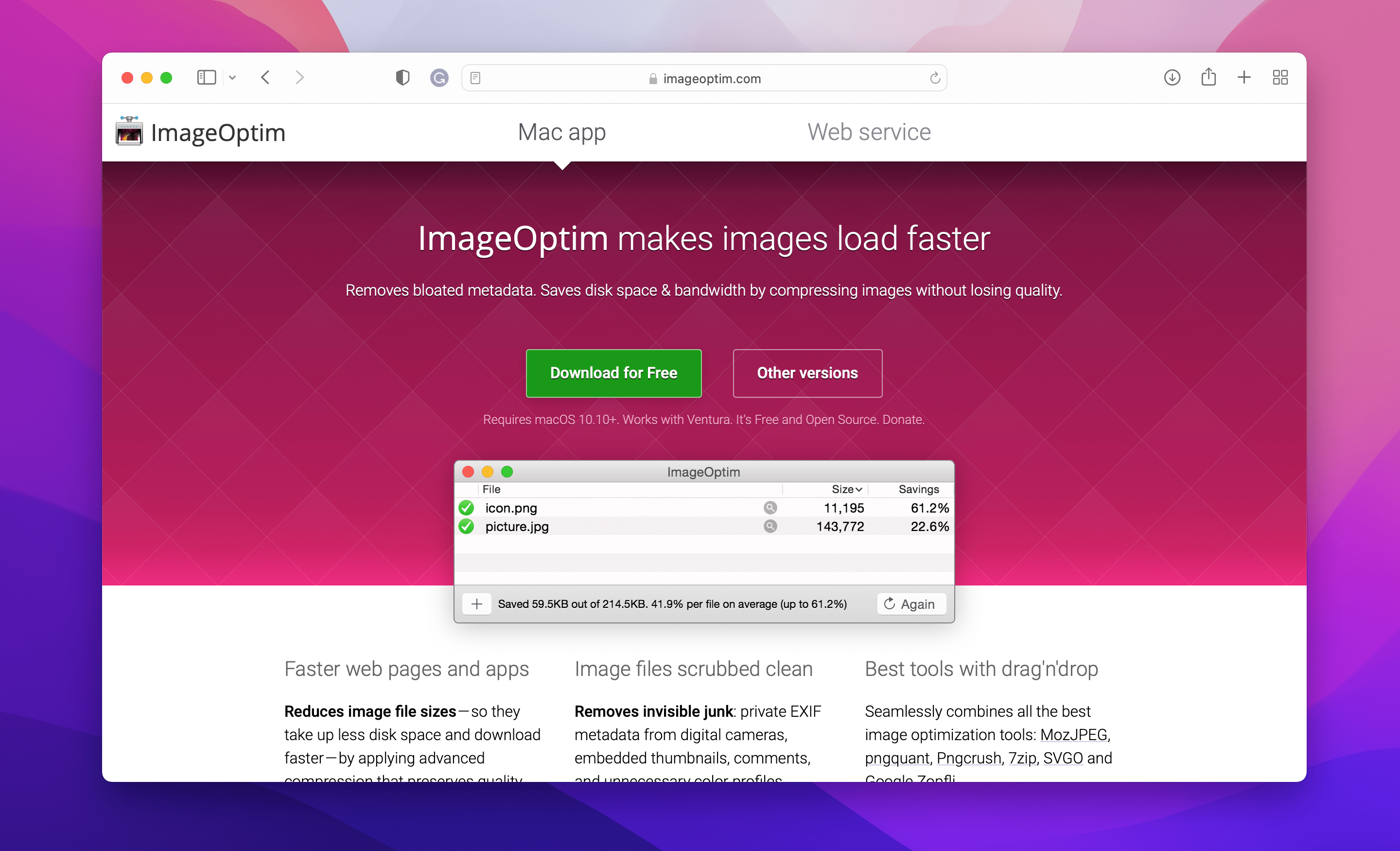 a screenshot of ImageOptim image optimization tool