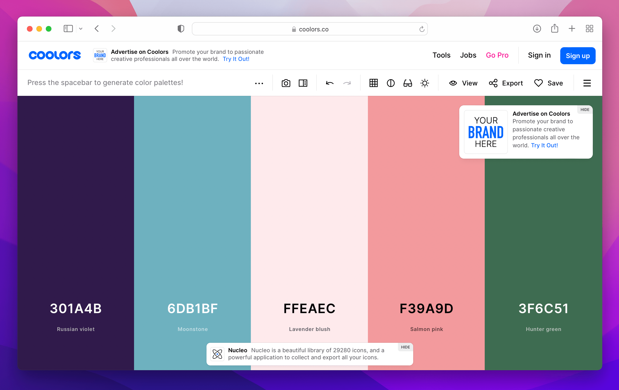 pastel blue pink and green color palette with their color codes on Coolers website