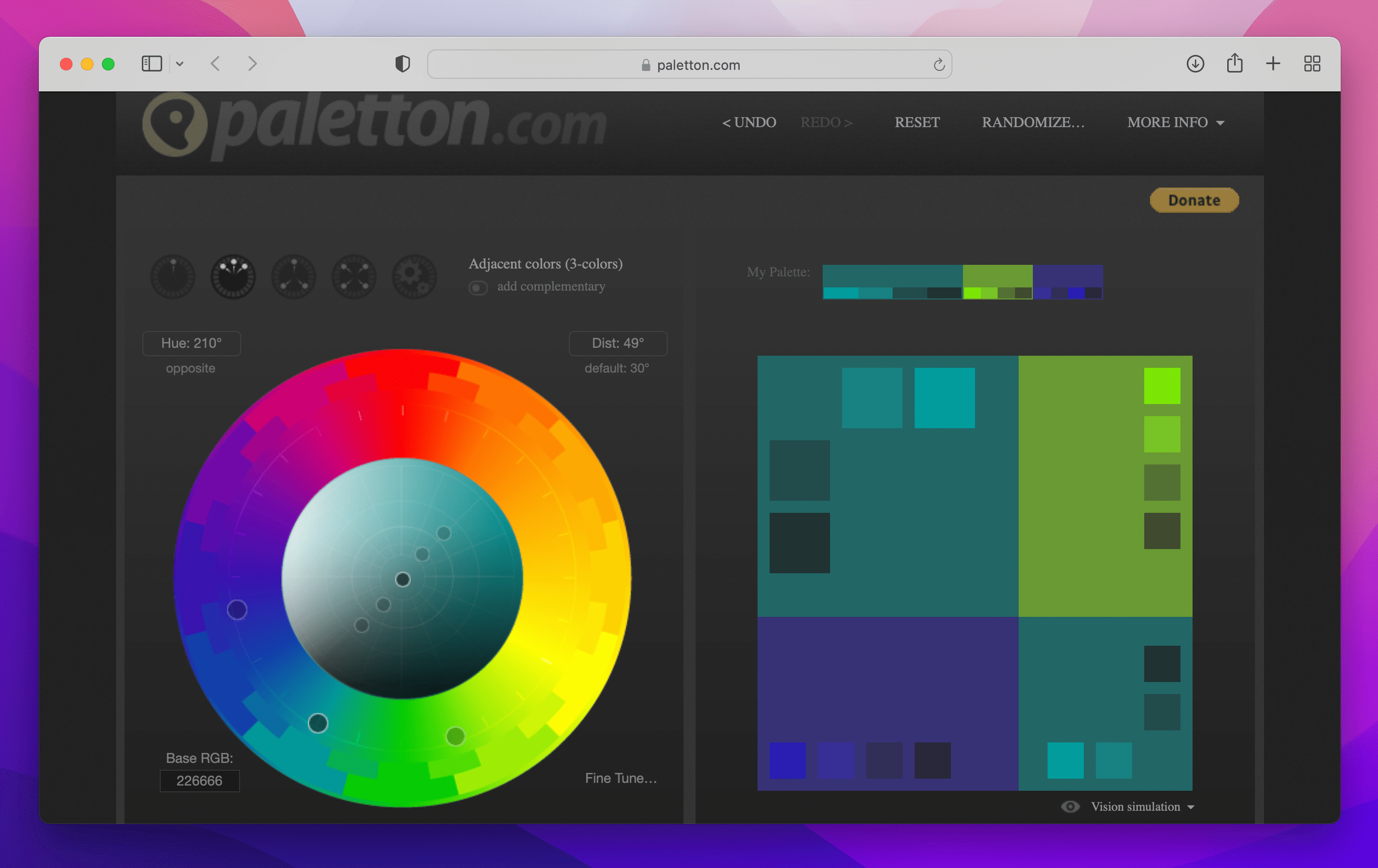 purple blue green colored circle and square on Paletton website