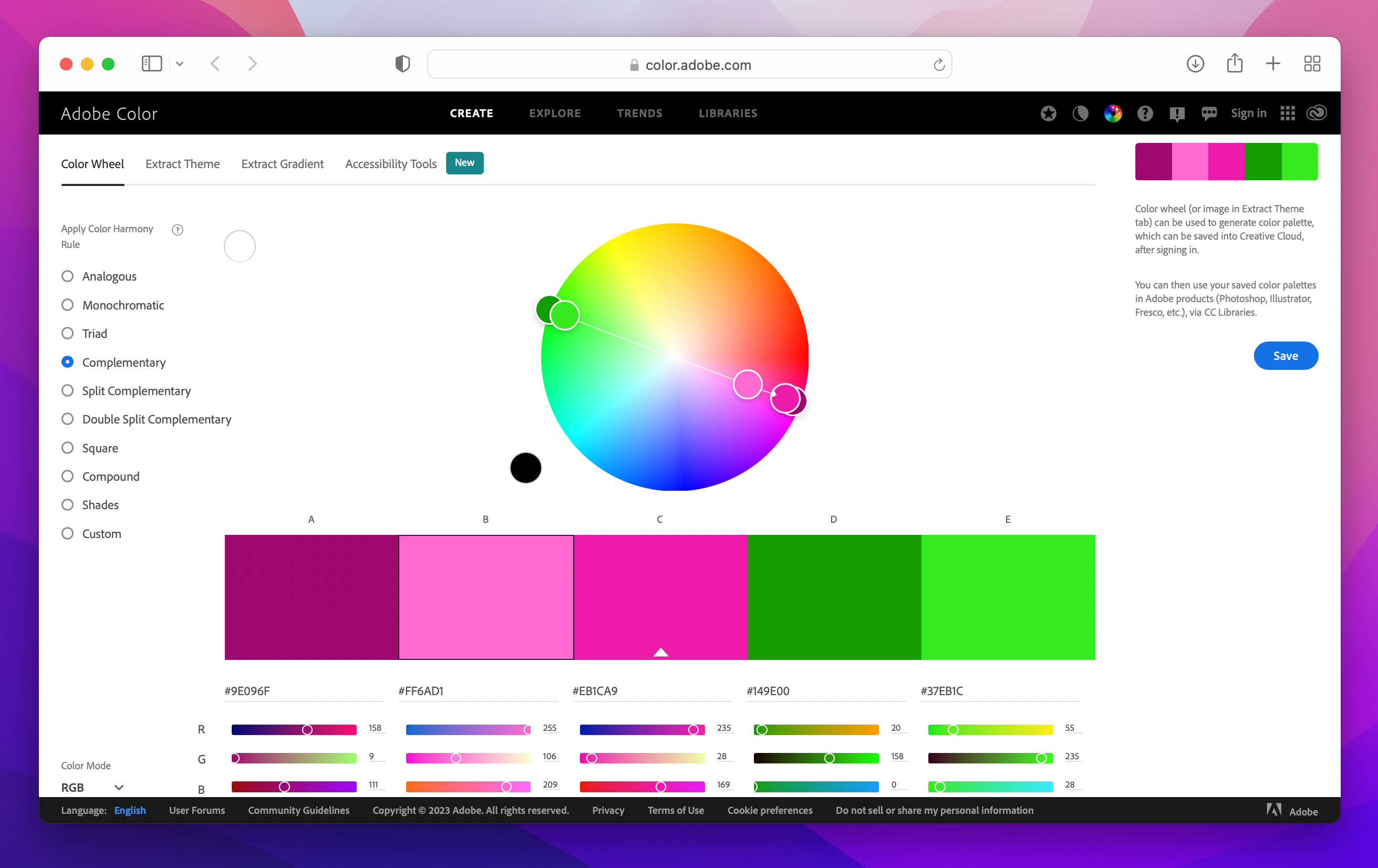 color circle with green and pink selected to create color palette on Adobe Color website