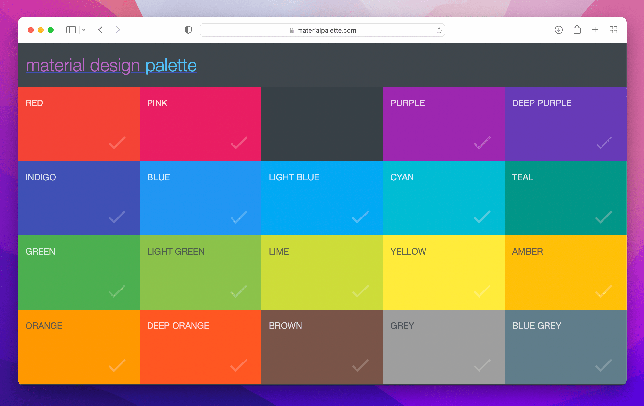 grid of colorful squares on Material Palette website