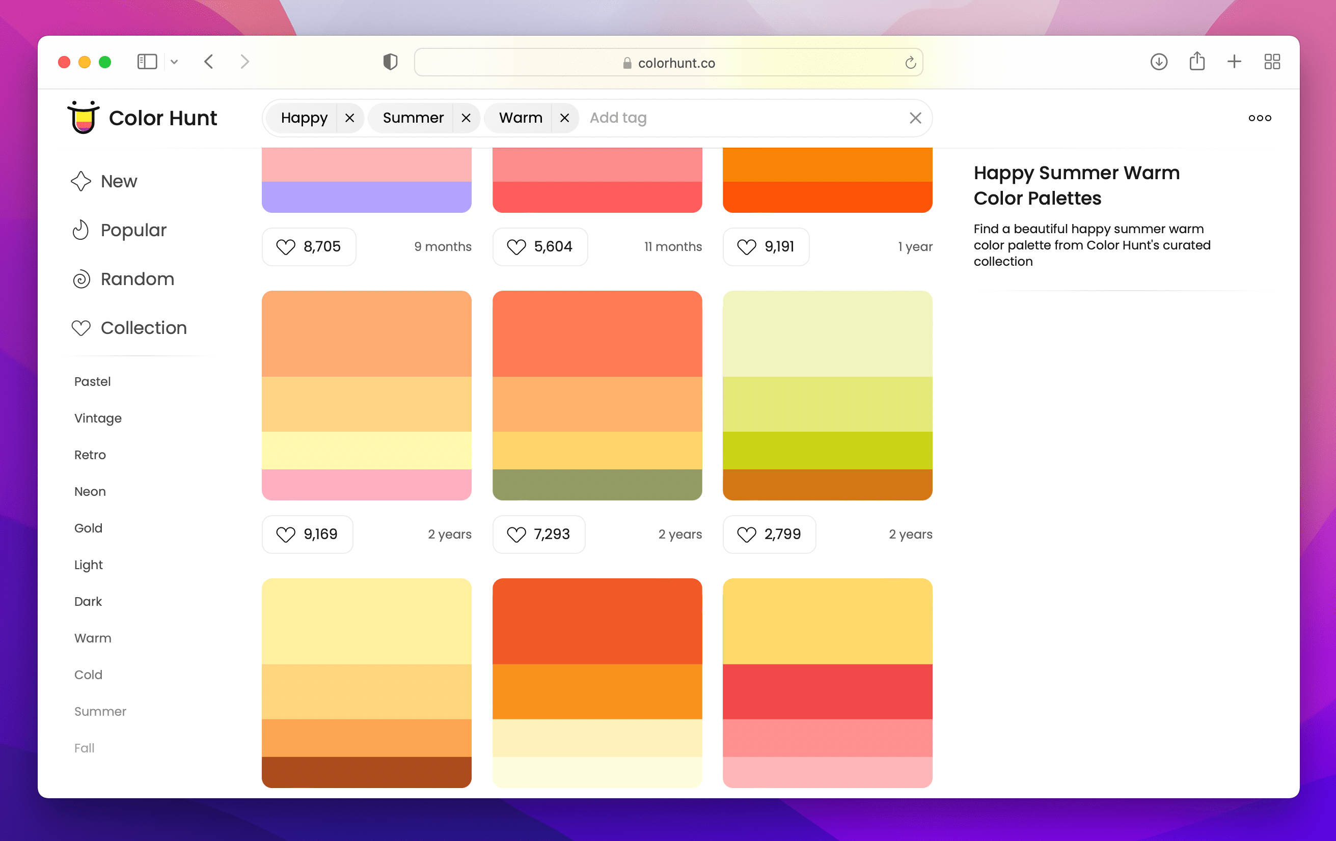 selection of gradients for the search terms happy warm summer on Color Hunt website