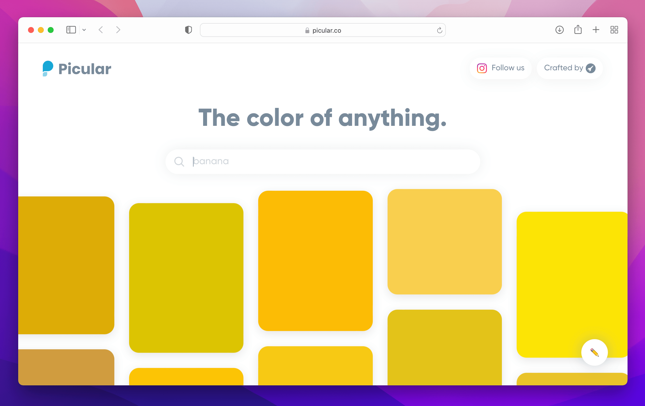 Picular website showcasing shades of yellow for the keyword banana