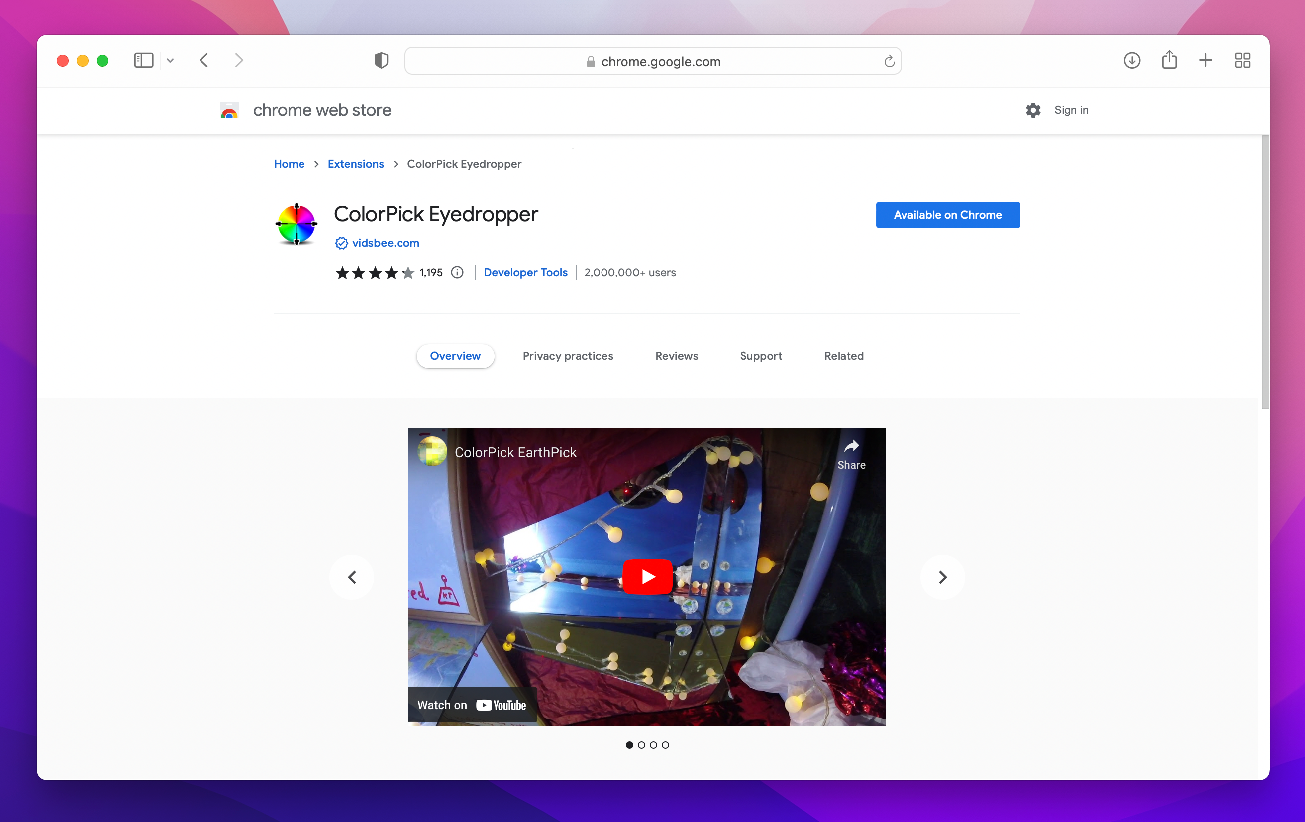 color pick eyedropper plugin with download button captioned Available on Chrome