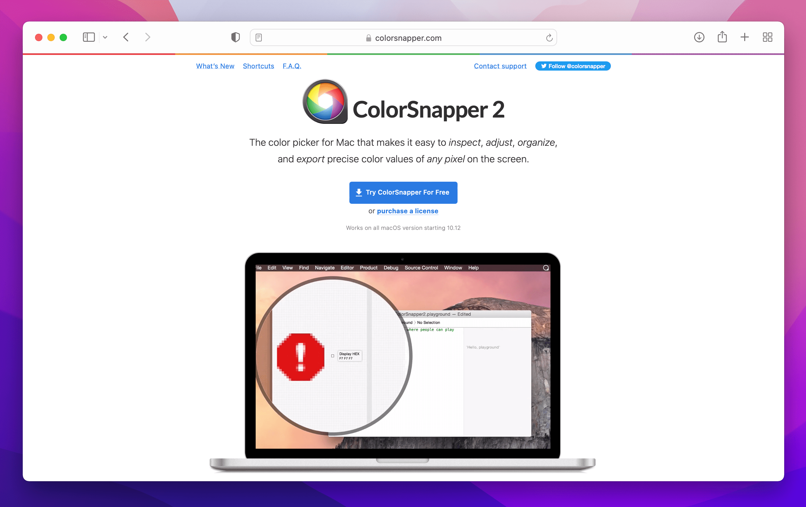 Colorsnapper2 website that displays the download option