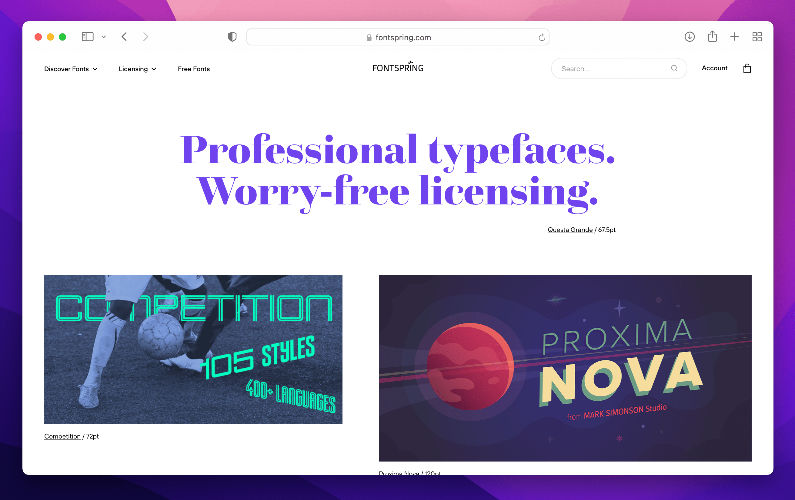 Bold vibrant graphics showcasing homepage of Fontspring website