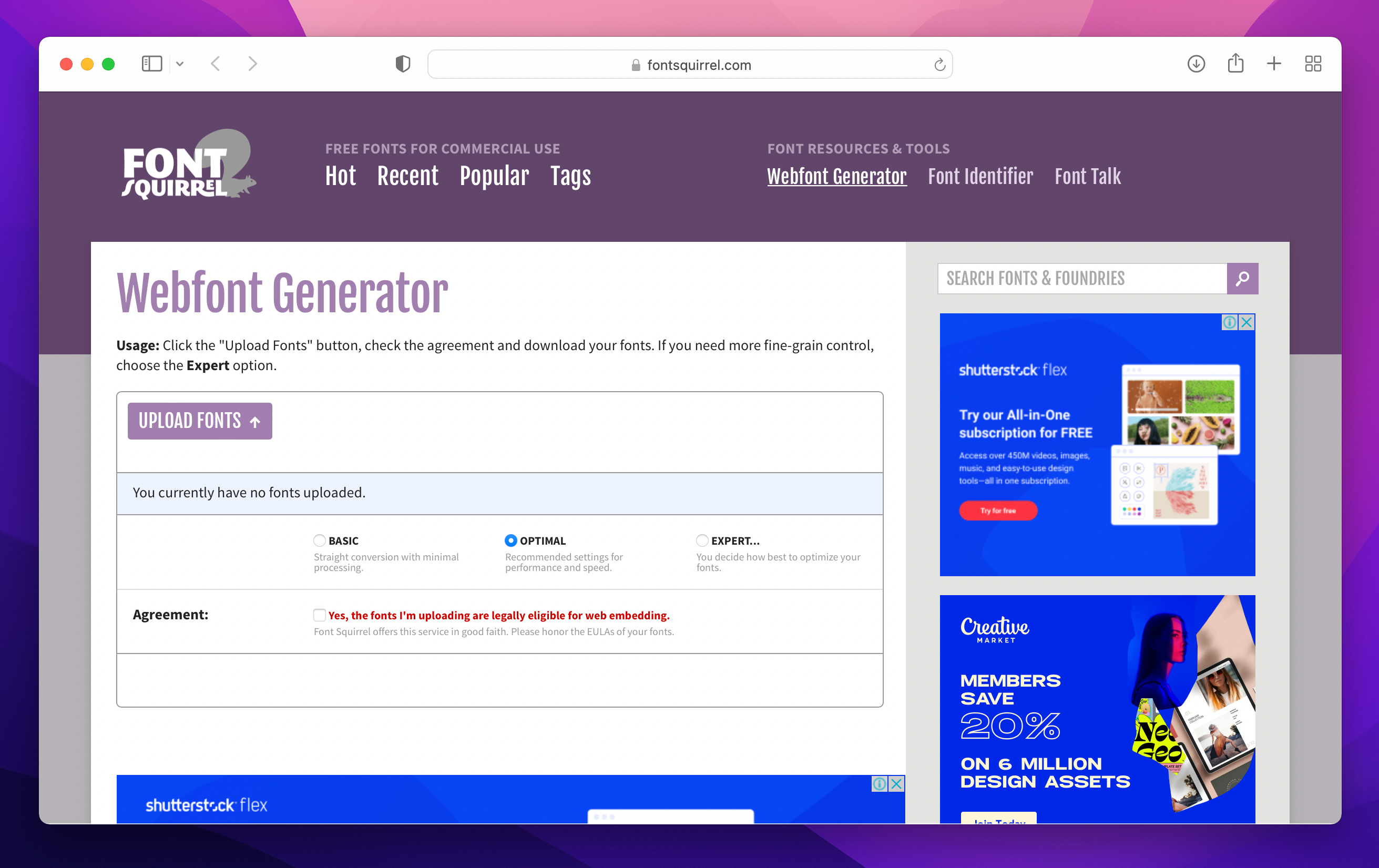 Fontsquirrel generator displays how to upload your own fonts