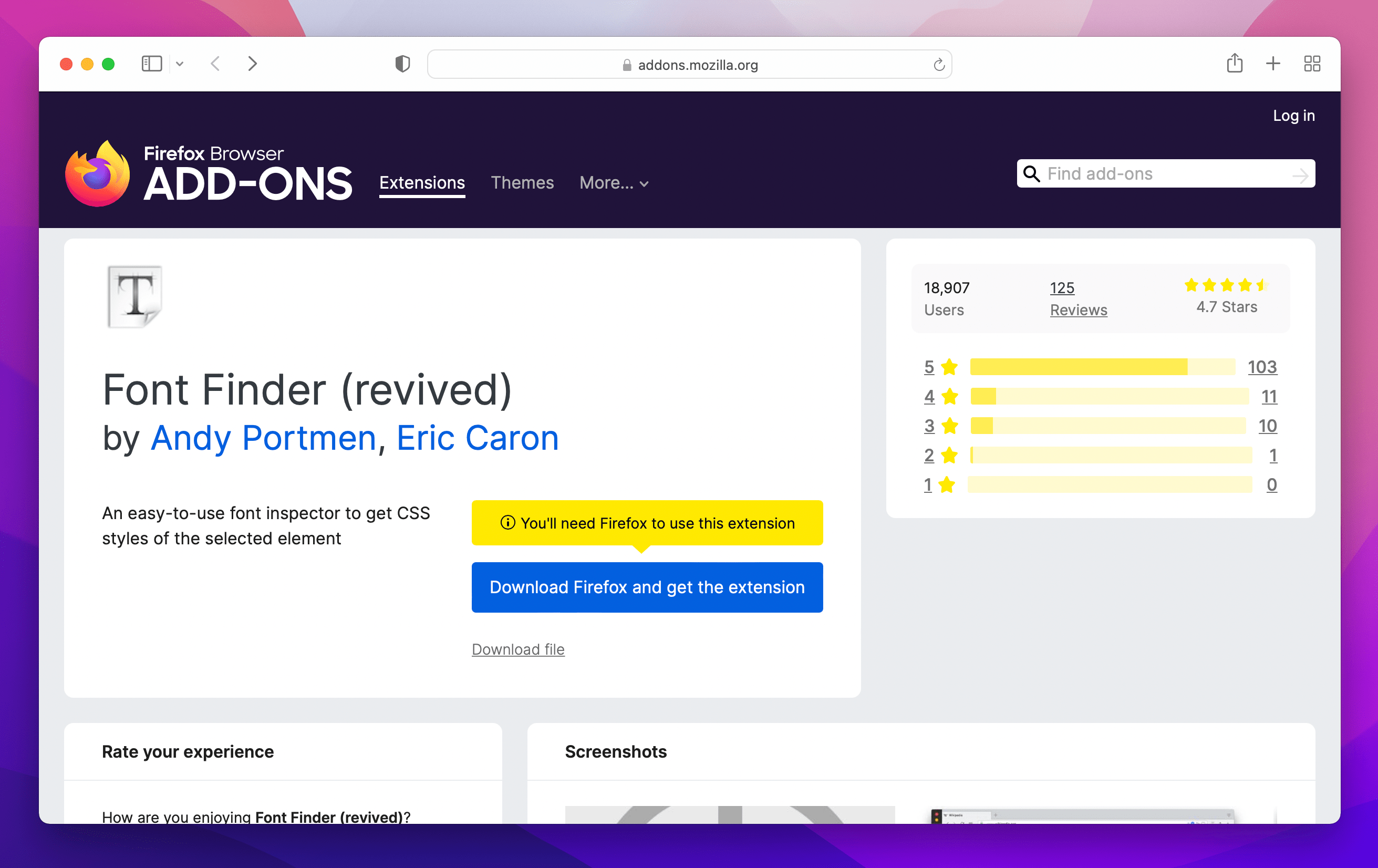 Font Finder app on Firefox web store