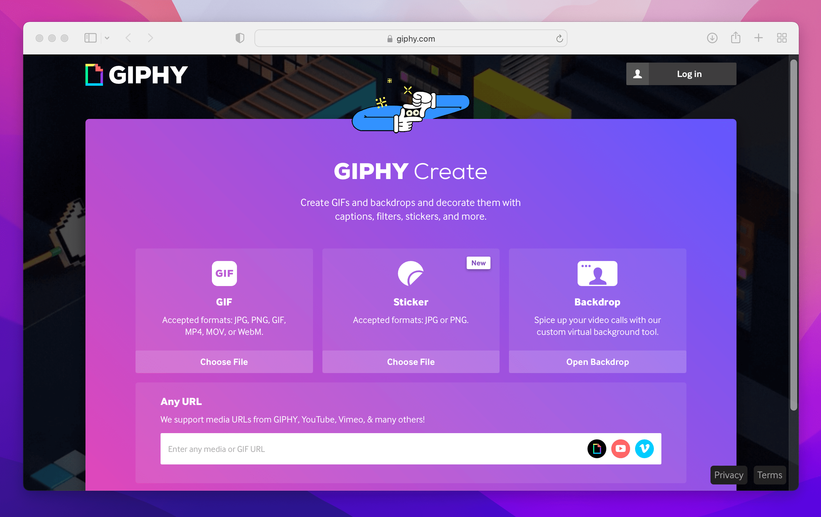 Giphy Create homepage displaying options for gif, sticker and backdrop creation