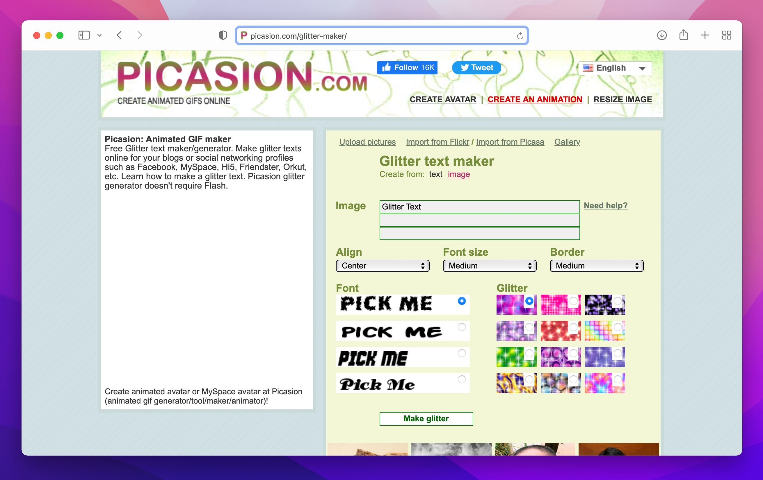 homepage for Picasion website with options for customizing gifs by uploading image