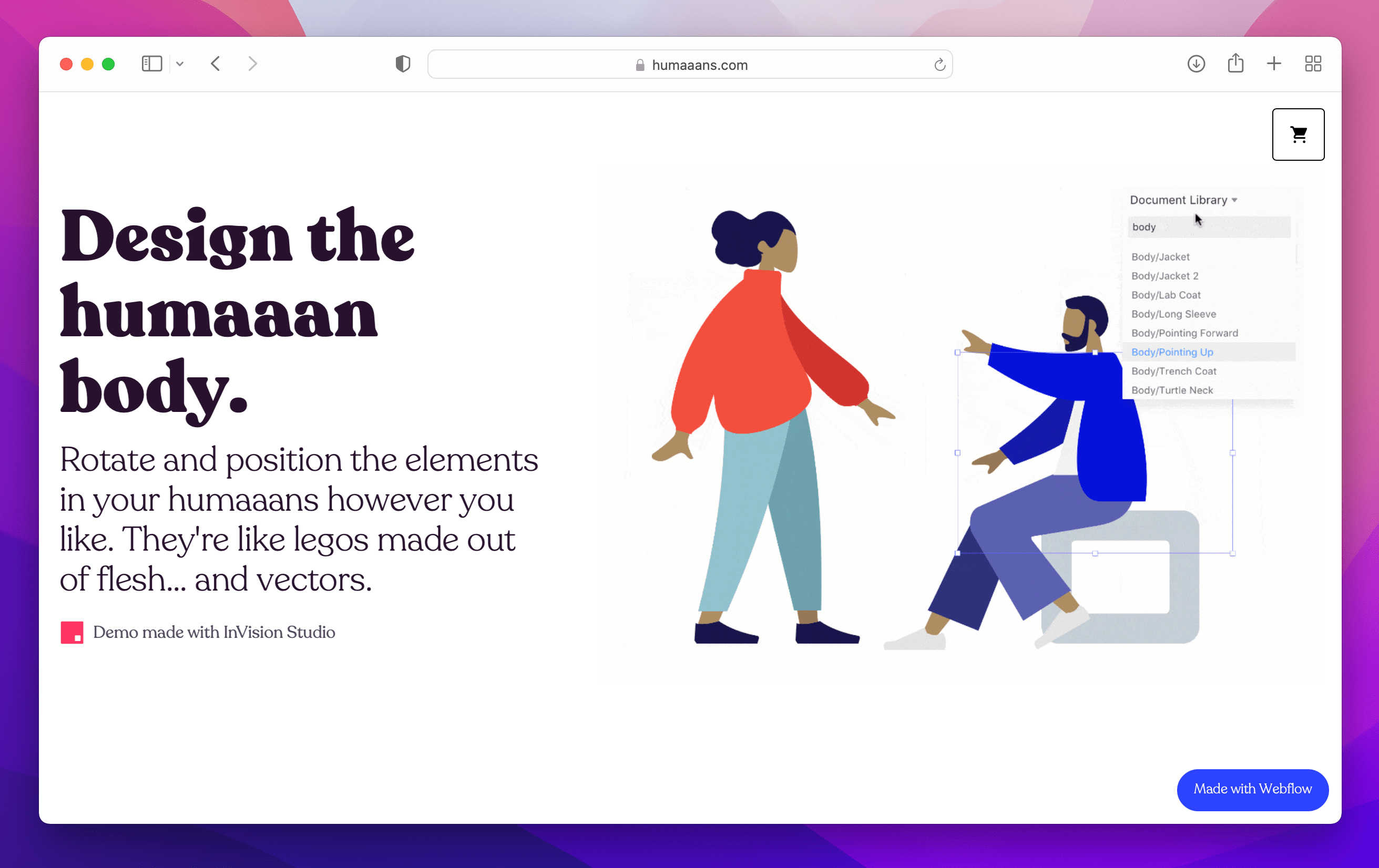 homepage of Humaaans website displaying customizable illustrations of one female and one male