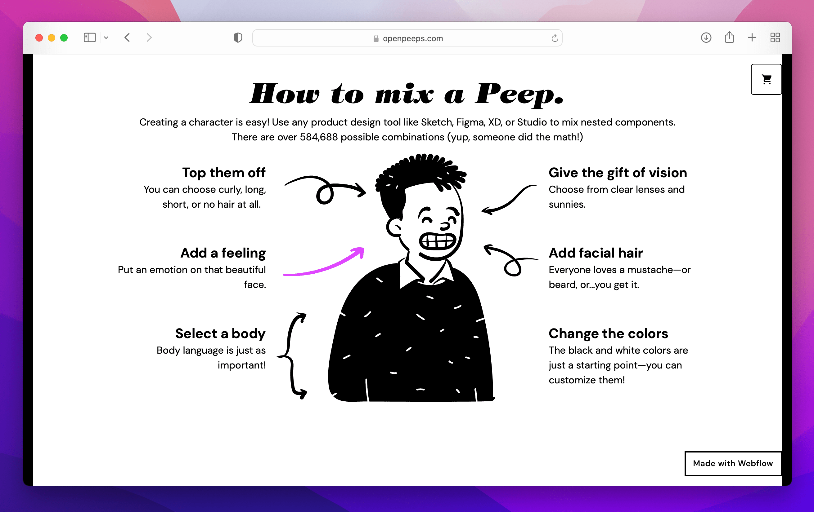 homepage of Open Peep website displaying male figure and instructions for how to customize the drawing