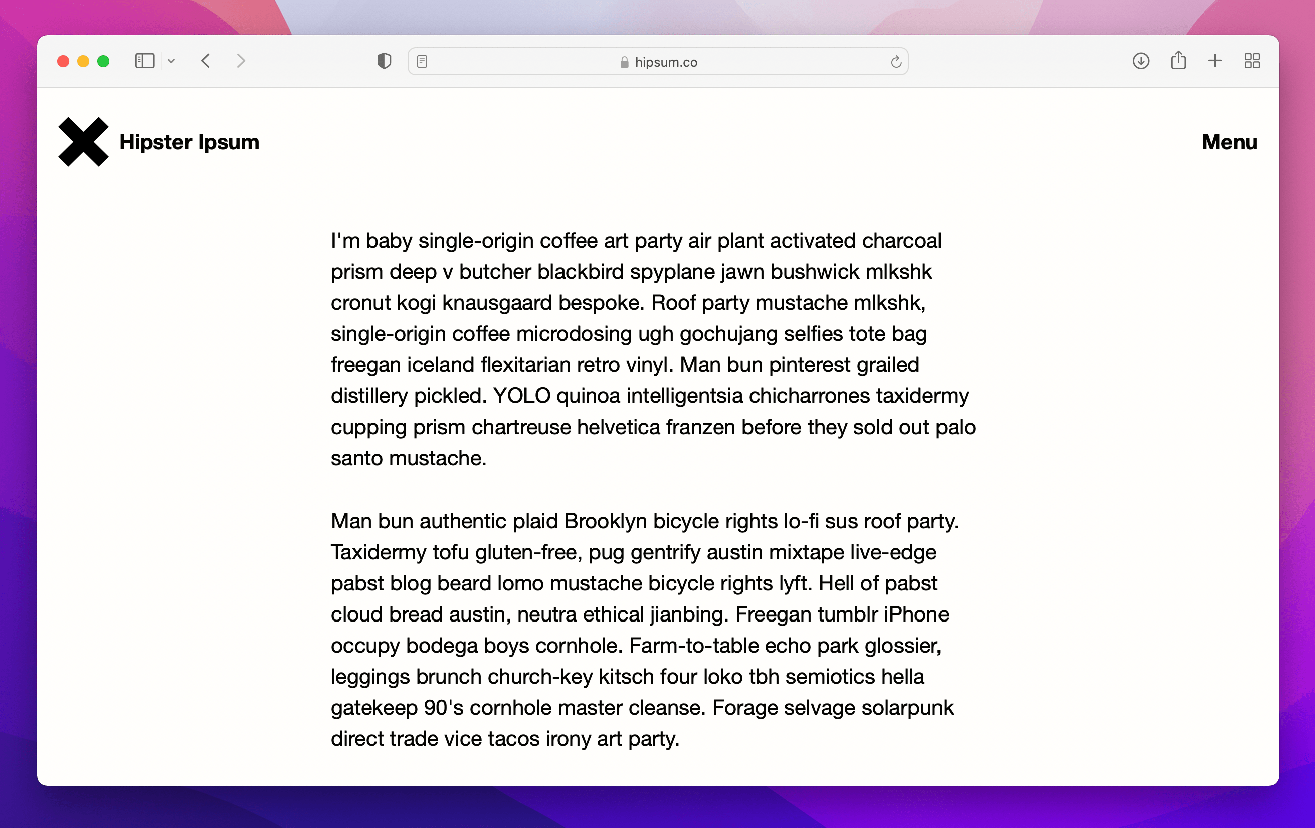 two paragraphs of hipster lorem ipsum text from Hipster Ipsum website