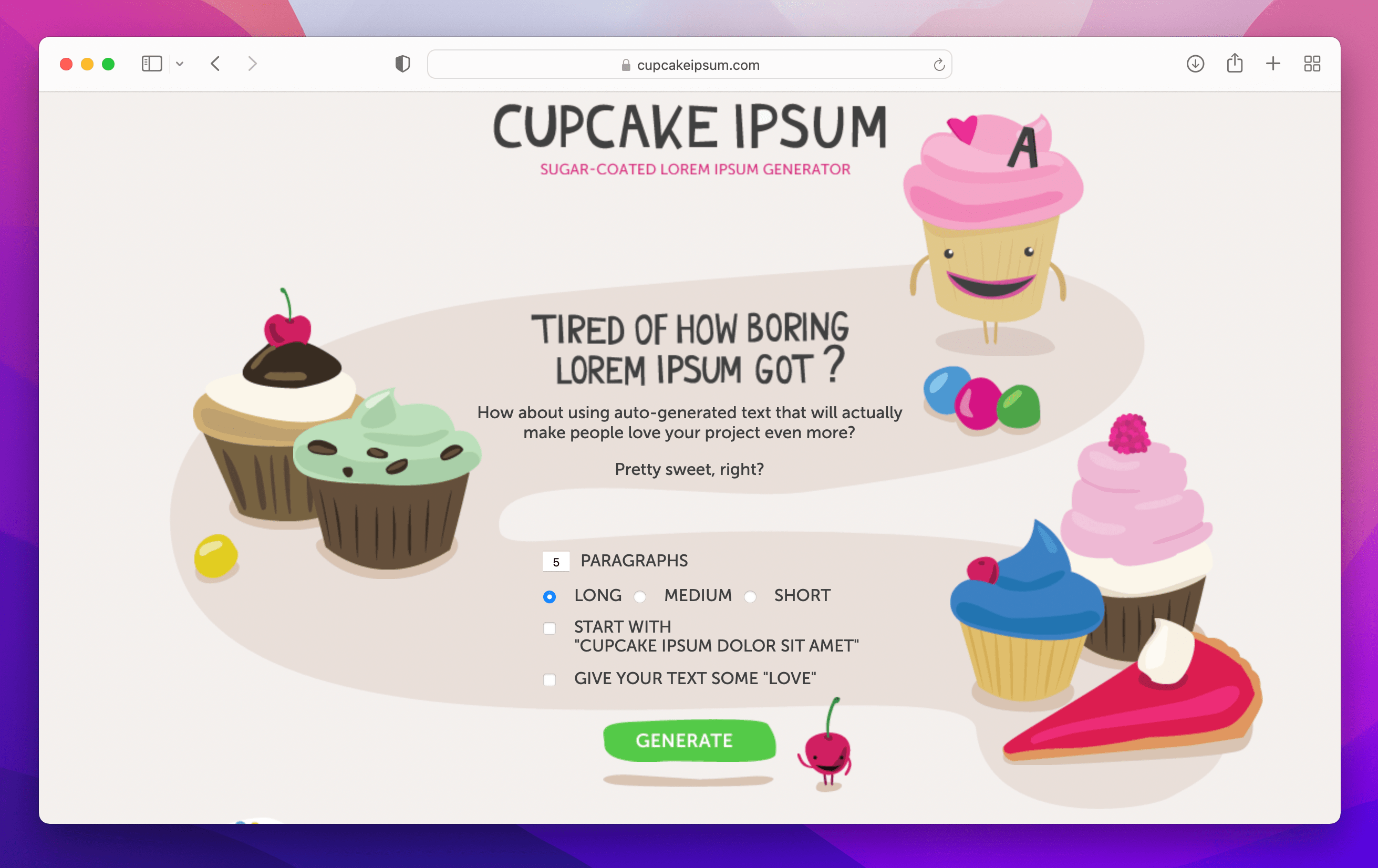 Cupcake Ipsem website homepage