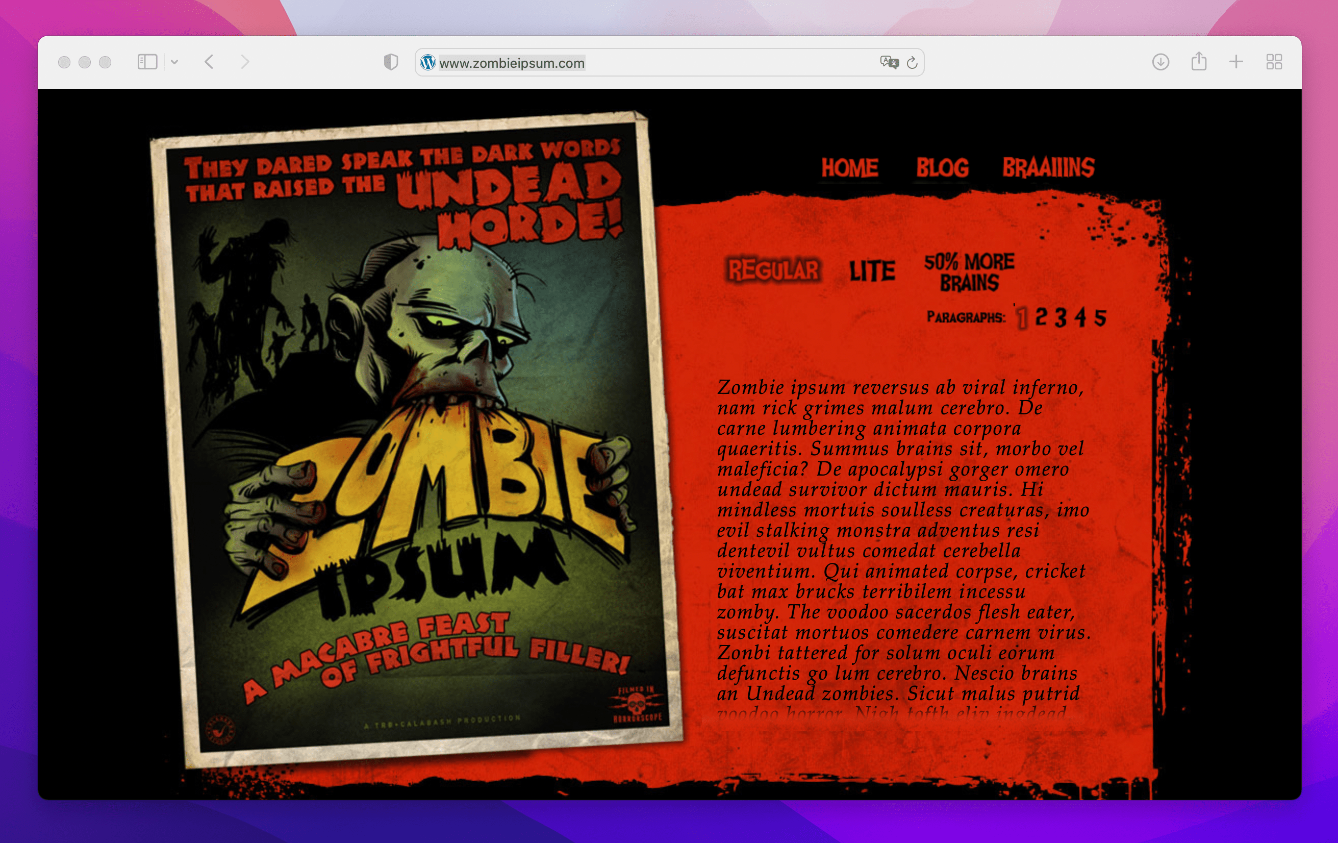 Zombie Ipsum homepage displaying a zombie eating the word zombie