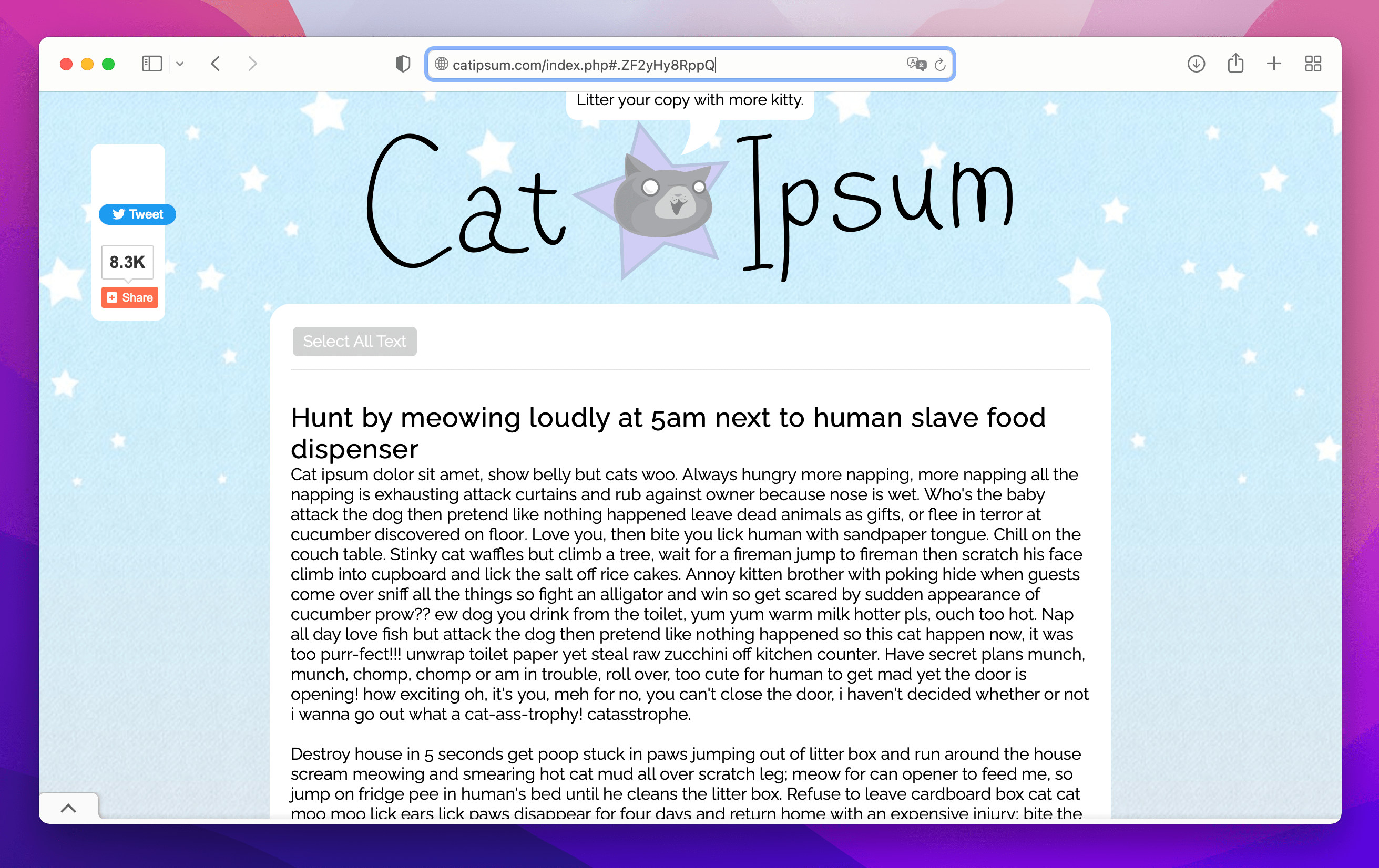 two large paragraphs of cat lorem ipsum text from Cat Ipsum website