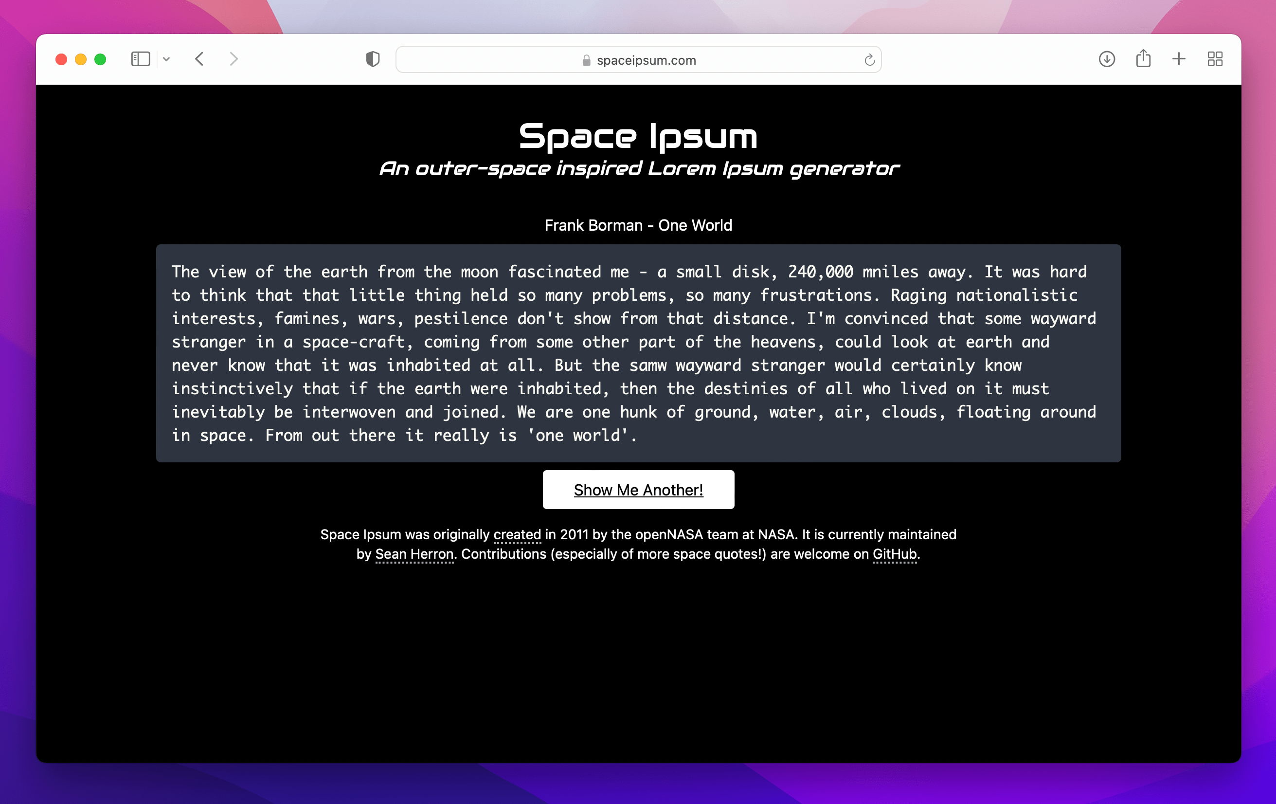 lorem ipsum text, a speech by Frank Borman about space