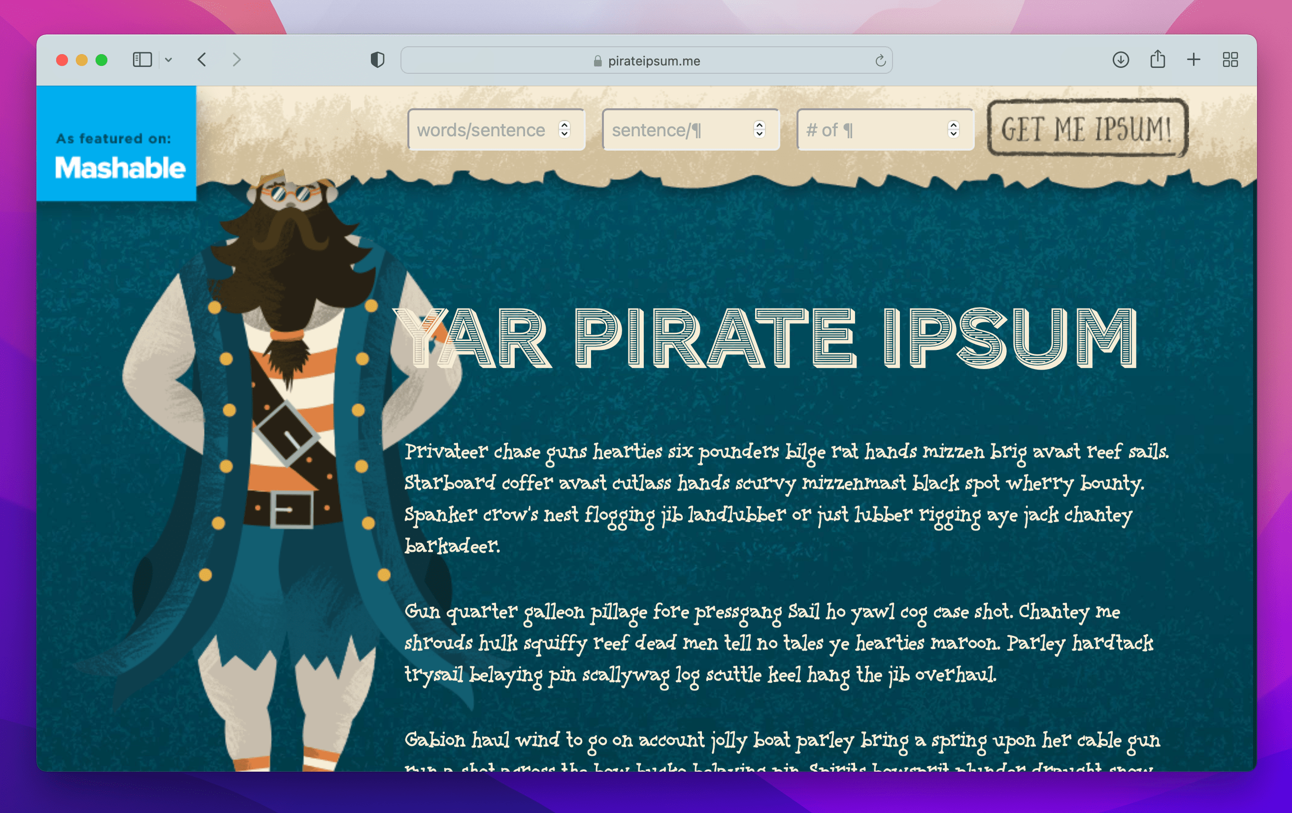 two paragraphs of pirate lorem ipsum text from Pirate Ipsum website and illustration of pirate