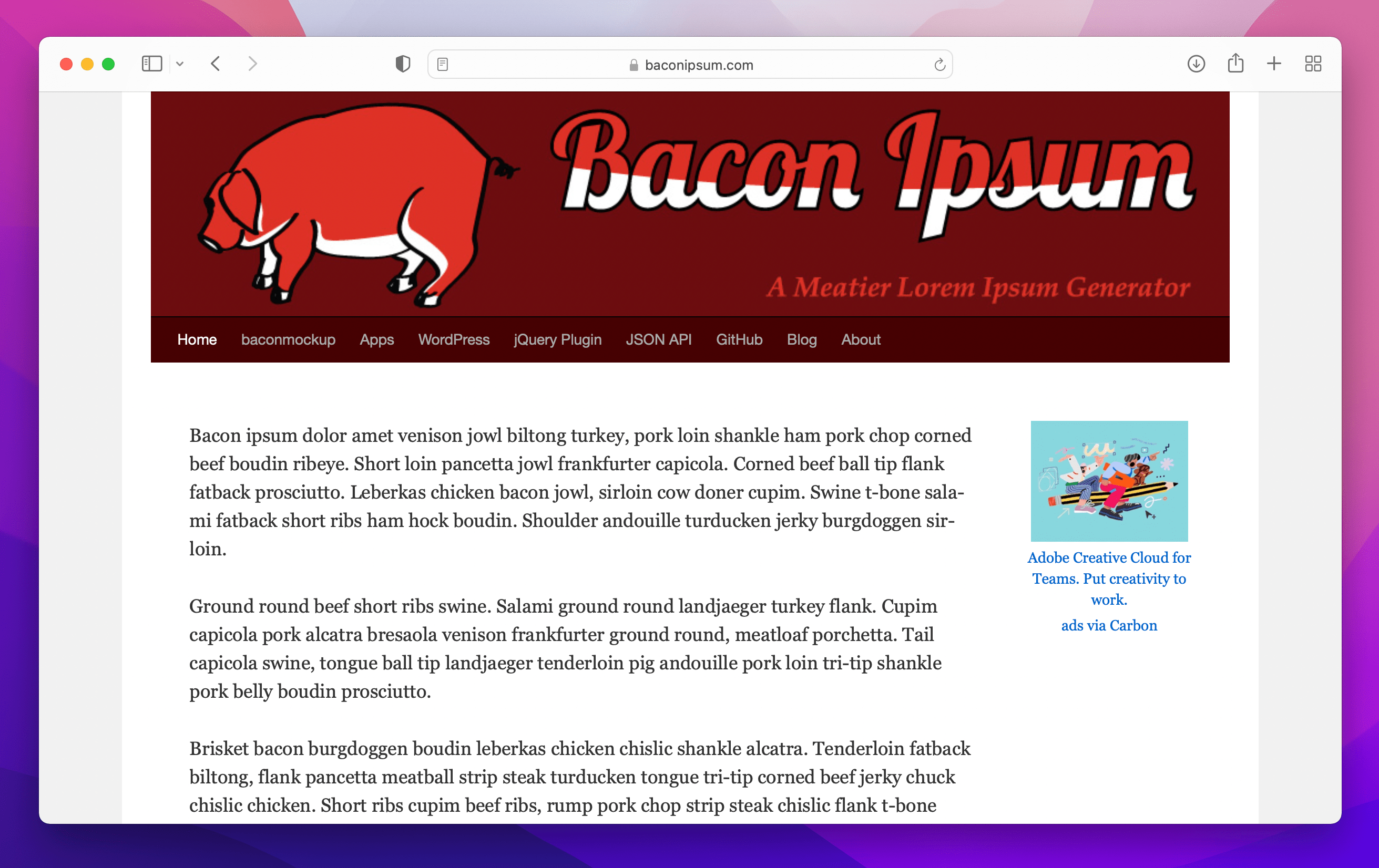 three paragraphs of bacon lorem ipsum text from Bacon Ipsum website