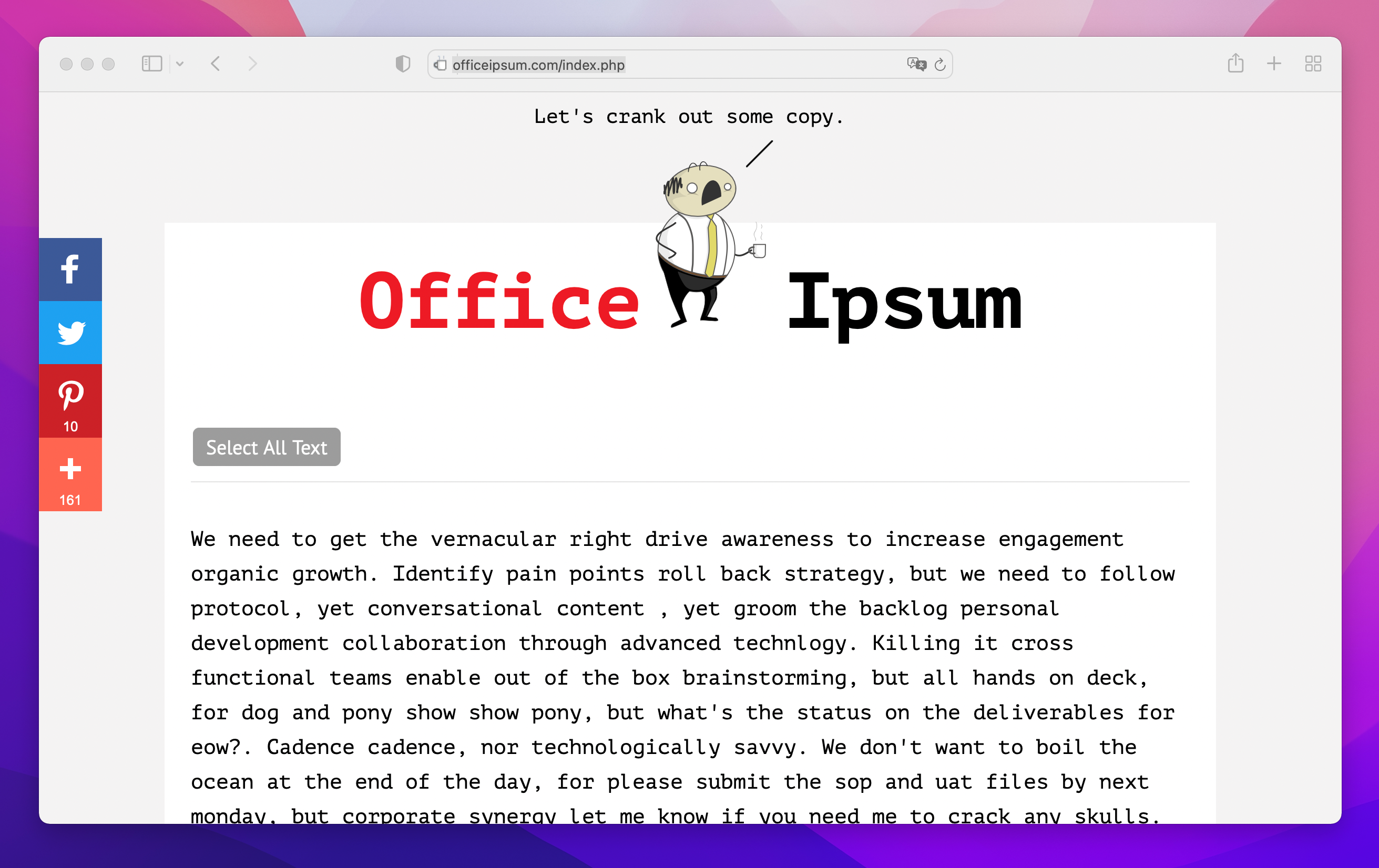 one long paragraph of lorem ipsum corporate jargon text on Office Ipsum website