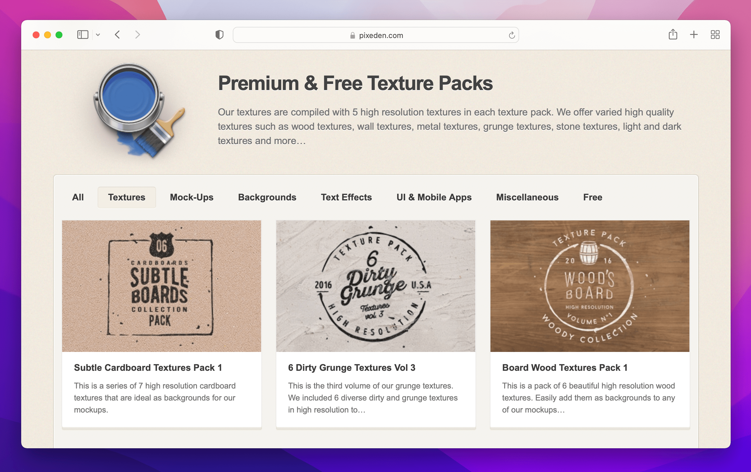 Pixaden website showing selection of grunge wood textue packs