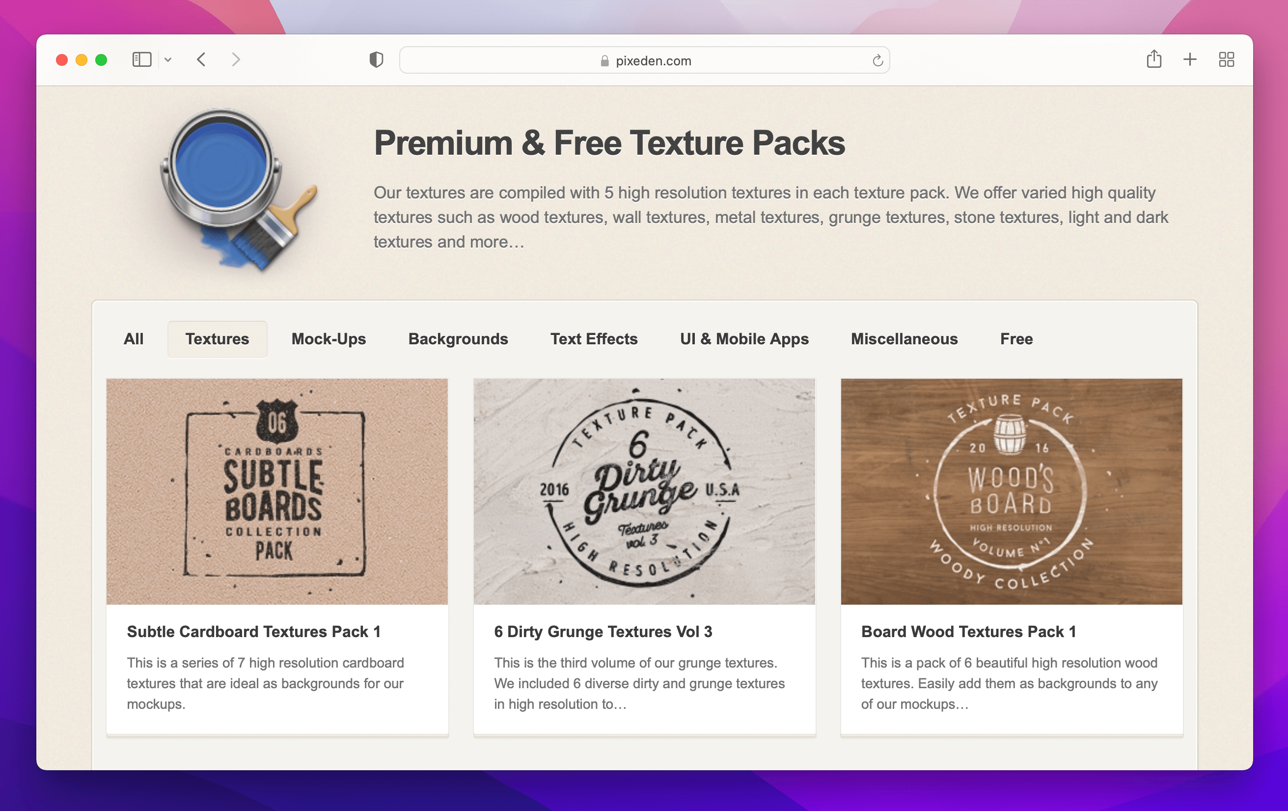 Pixaden Pixaden website showing selection of grunge wood textue packs