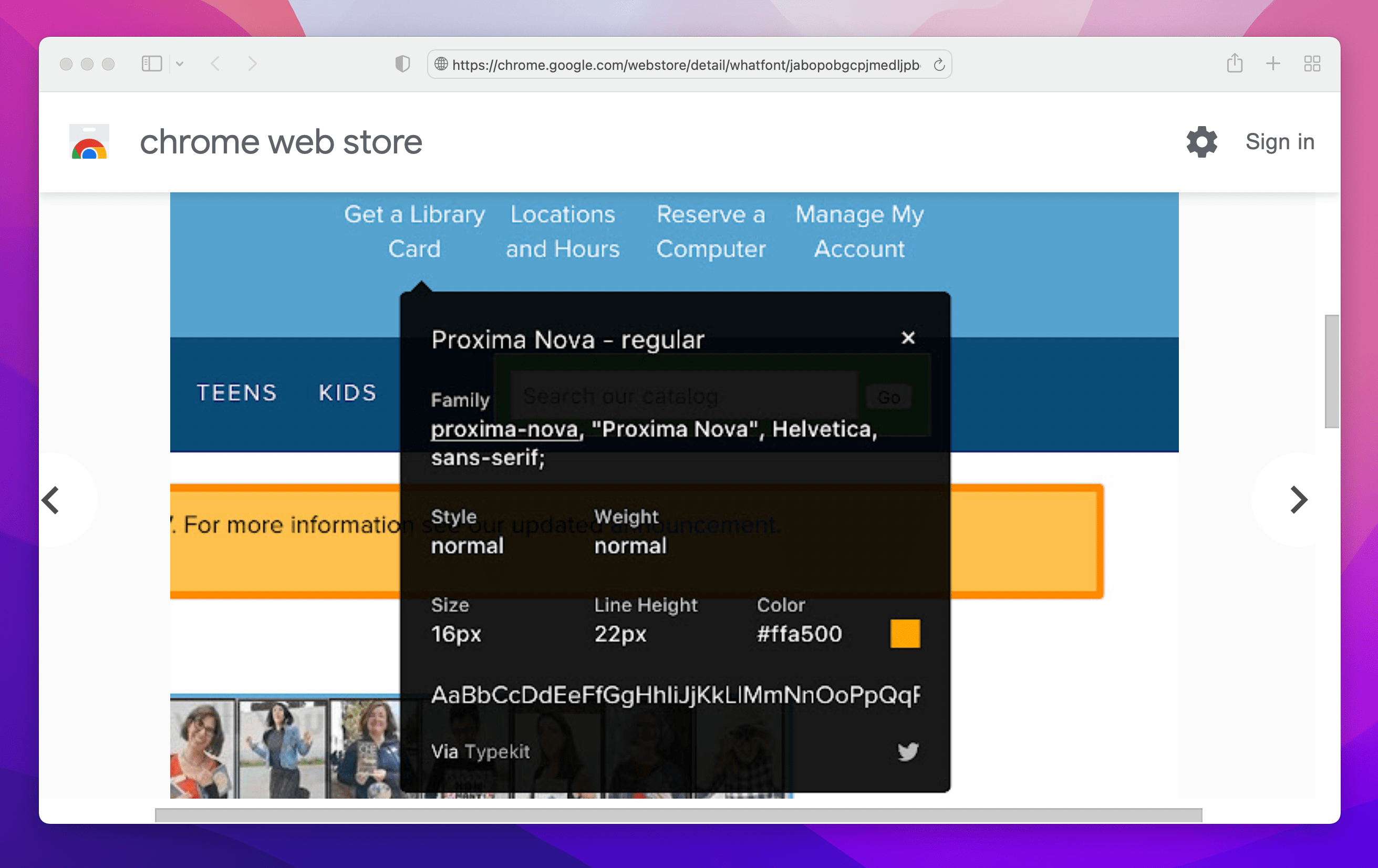 WhatFont application display on Google Chrome web store
